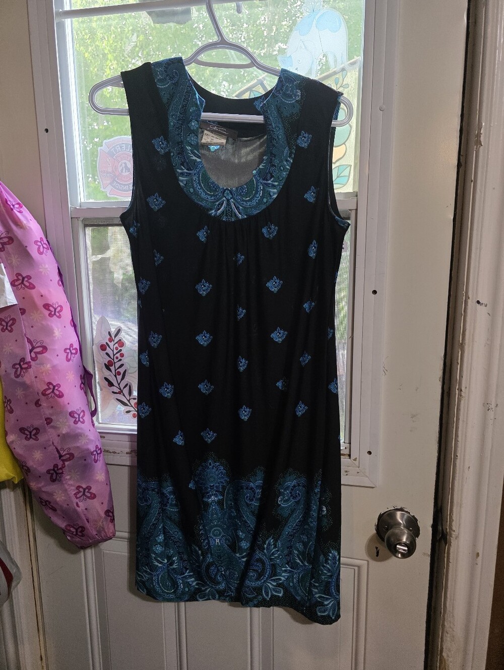 Vintage Jessica Sleeveless Black Dress with Teal Paisley Accents